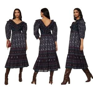 Sea NY Nadine Border Smocked Dress Cotton Puff Sleeve Ruffled V-Neck Size 2